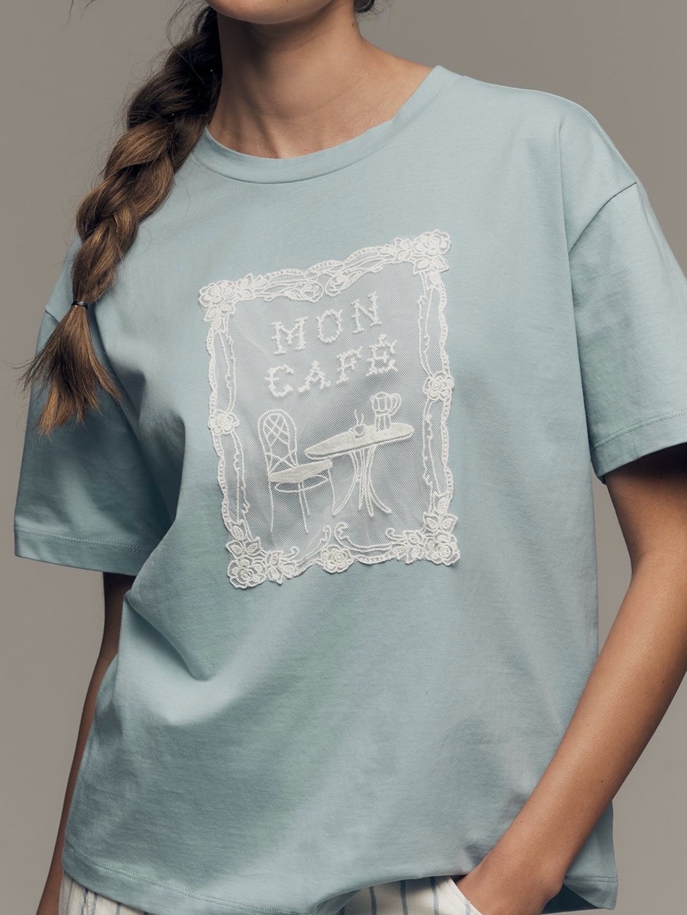 Anthropologie Light Blue 'Mon Café' Short Sleeve Cafe Tee NWT